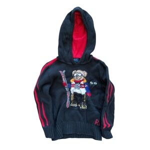 Kids Polo Ralph Lauren Ski Bear Hoodie Sweater Knit Black Red Size 5